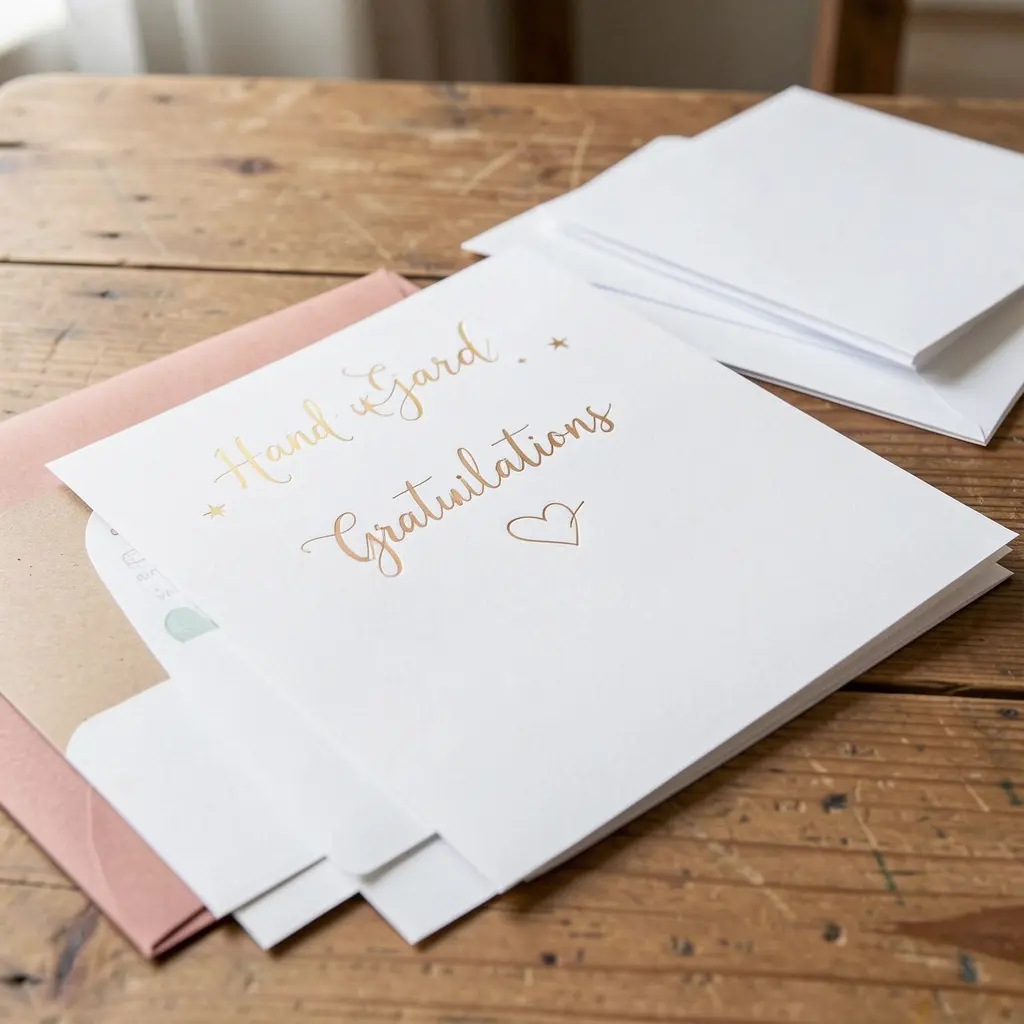 Handgjorda gratulationskort och trycksaker upplagda på ett bord