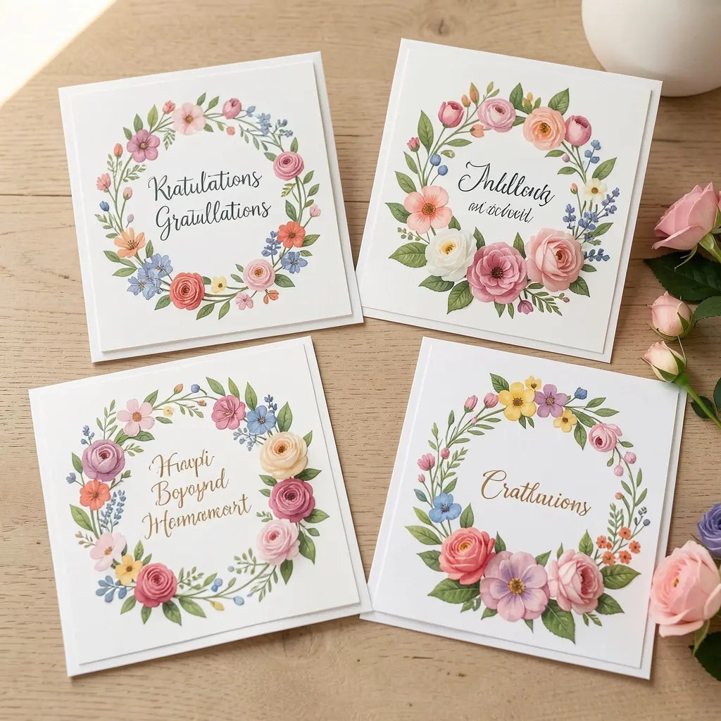 Samling av handgjorda gratulationskort med blomsterdekorationer